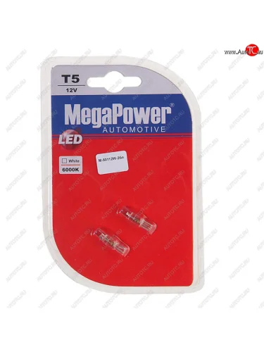 Лампа светодиодная 12V T5 W2x4.6d 6000K бесцокольная блистер (2шт.) MEGAPOWER MEGAPOWER-AUTOMOTIVE 50112w-2бл