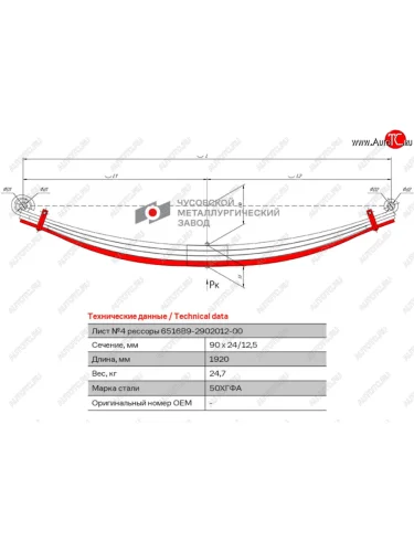 Лист рессоры МАЗ-6516 передней №4 с хомутами L=1920мм ЧМЗ ЧМЗ 6516b9-2902050