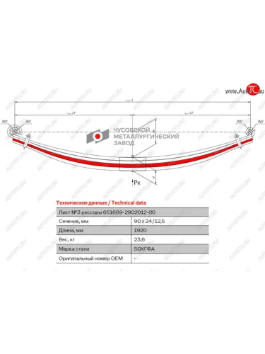 Лист рессоры МАЗ-6516 передней №3 L=1920мм ЧМЗ ЧМЗ 6516b9-2902103