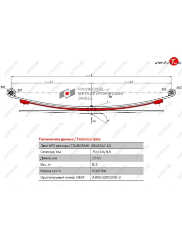 Лист рессоры MERCEDES Sprinter 509-519 VW Crafter (06-15) задней №2 (3 листа) L=1330мм ЧМЗ ЧМЗ 701503ms-2912102-10
