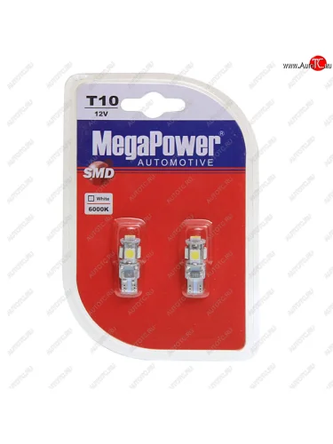 Лампа светодиодная 12V W5W T10 W2.1x9.5d 6000K 9 LED блистер (2шт.) MEGAPOWER MEGAPOWER-AUTOMOTIVE 70215w-2бл