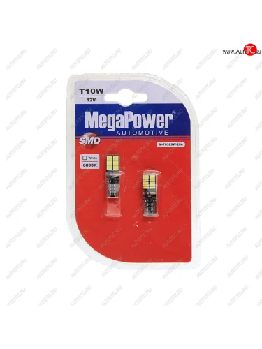 Лампа светодиодная 12V W5W T10 W2.1x9.5d 6000K 24 LED блистер (2шт.) MEGAPOWER MEGAPOWER-AUTOMOTIVE 70329w-2бл