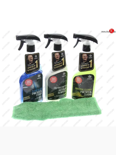 Набор для авто (очиститель салона, полироль пластика, очиститель стекол, микрофибра) GRASS GRASS 800627