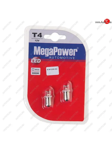 Лампа светодиодная 12V T4W BA9s 6000K блистер (2шт.) MEGAPOWER MEGAPOWER-AUTOMOTIVE 90122w-2бл