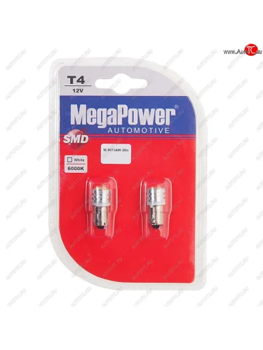 Лампа светодиодная 12V T4W BA9s 6000K блистер (2шт.) MEGAPOWER MEGAPOWER-AUTOMOTIVE 90134w-2бл