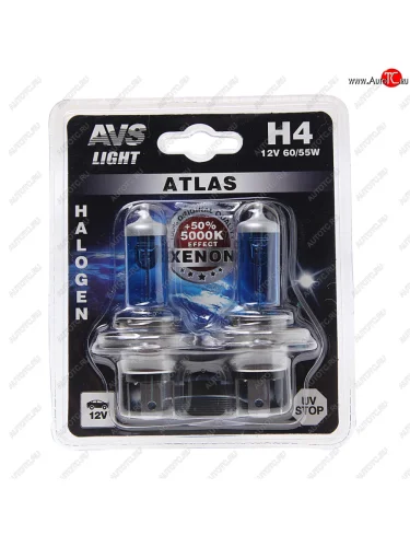 Лампа 12V H4 6055W P43t 5000K блистер (2шт.) AVS AVS a78569s