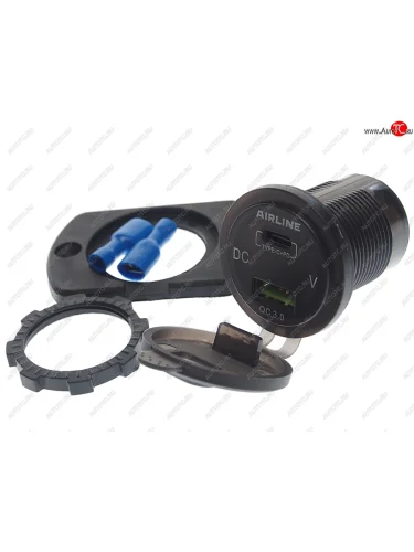 Розетка автомобильная встраиваемая влагозащищенная 12-24V 1 USB + 1 Type C (6.5V 3А + 5V 3А) AIRLINE AIRLINE aebj200