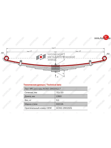 Лист рессоры ISUZU NQR 71-75 передней №1 (7 листов) L=1360мм ЧМЗ ЧМЗ ао92-2902101 ЧМЗ ао92-2902101