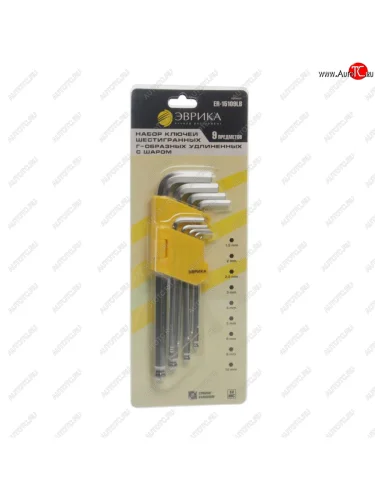 Набор ключей шестигранных 1.5-10мм Г-образных удлиненных с шаром 9 предметов ЭВРИКА ЭВРИКА er-15109lb