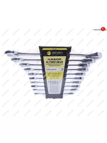 Набор ключей комбинированных 8-24мм трещоточных 10 предметов с держателем ЭВРИКА ЭВРИКА er-20824