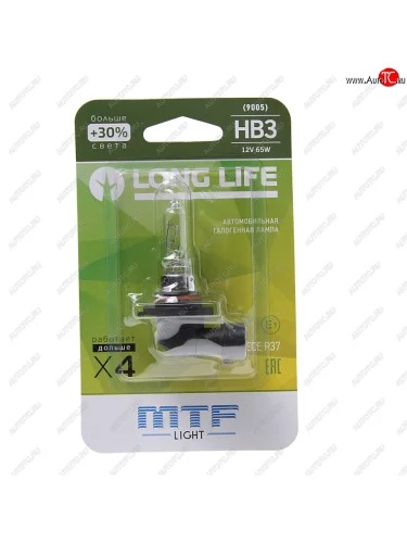 Лампа 12V HB3 65W P20d +30% блистер (1шт.) Long Life MTF MTF hll12b3b