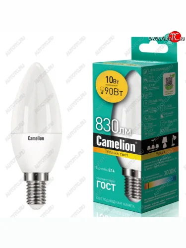 Лампа светодиодная E14 С35 10W (90W) 220V теплый Ultra CAMELION CAMELION led10-c35830e14