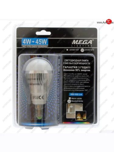 Лампа светодиодная E14 G45 4W(45W) 220V теплый MEGA LIGHTING MEGA LIGHTING lm-0627ww-e14