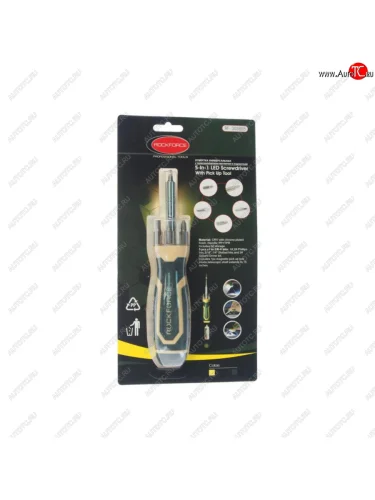 Отвертка с набором бит,подсветкой,магнитом 210мм 5 предметов в блистере ROCKFORCE ROCKFORCE rf-303855