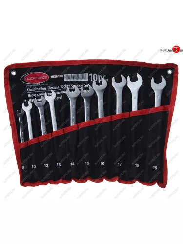 Набор ключей комбинированных 8-19мм рожково-торцевых 10 предметов шарнирных на полотне ROCKFORCE ROCKFORCE rf-5104