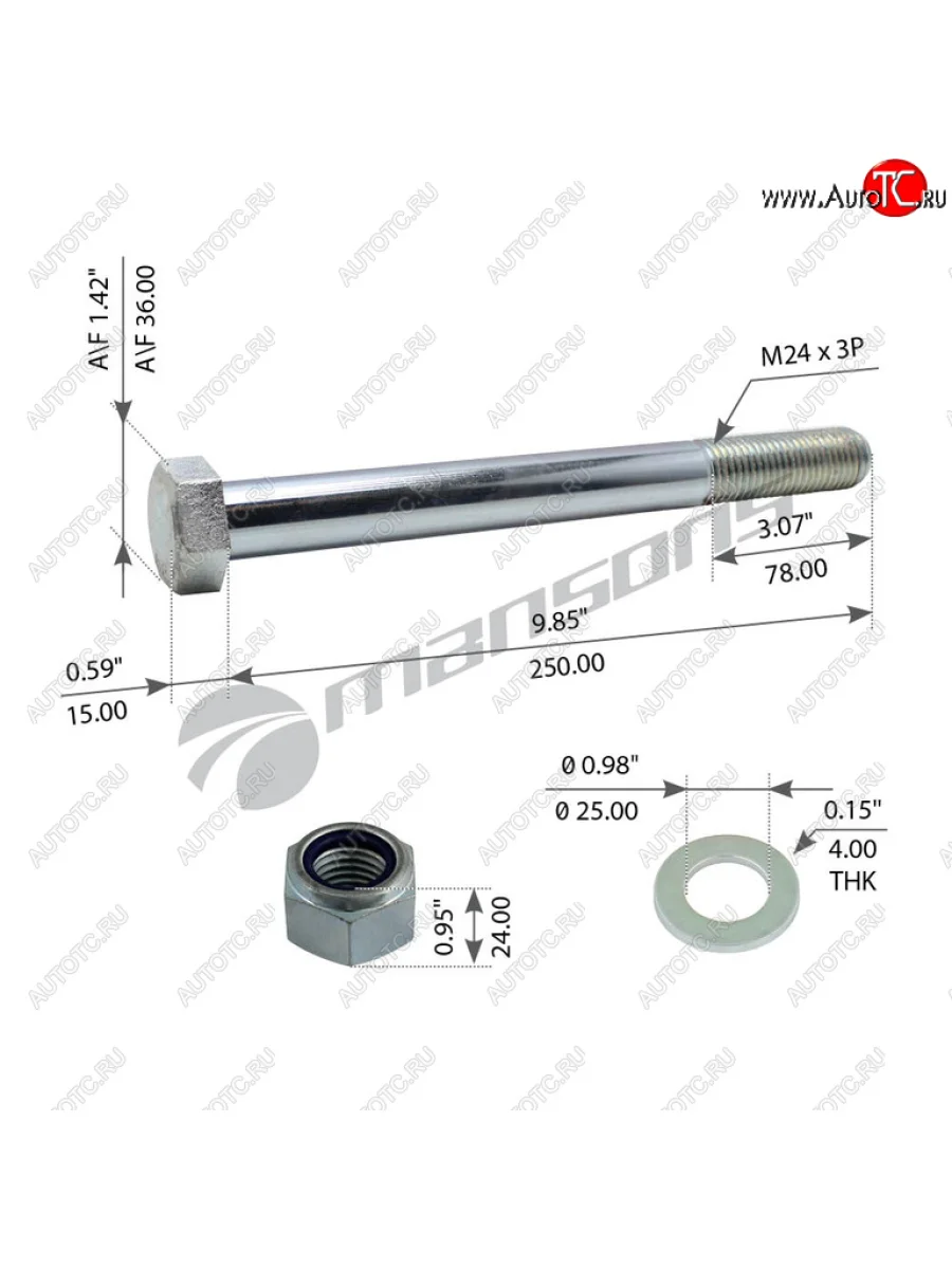 Болт М24х3.0х260 MERITOR крепления амортизатора полуприцепа (с гайкой и шайбой) MANSON MANSONS trs4732  в Самаре Самарской области
