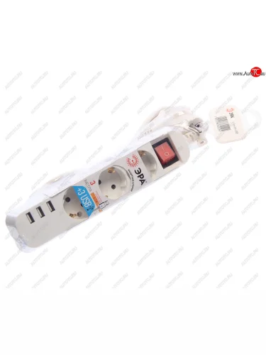 Фильтр сетевой 3м 10А 2200Вт 3 гнезда + 3 USB с заземлением белый ЭРА ЭРА u-3es-3m-usb