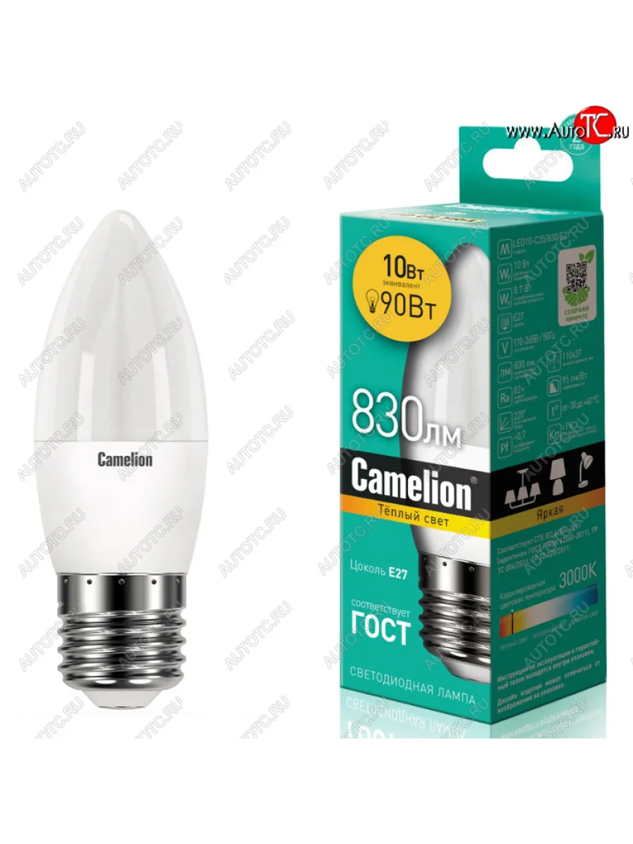 Лампа светодиодная E27 С35 10W (90W) 220V теплый Ultra CAMELION CAMELION led10-c35830e2 с доставкой в г. Кемерово