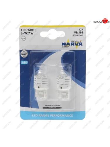 Лампа светодиодная 12V W21W 1.75W W3x16d 6500K блистер (2шт.) White Range Perfomance LED NARVA NARVA 180994000