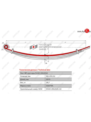 Лист рессоры МАЗ-5440 задней №1 с витым ушком L=1975мм ЧМЗ ЧМЗ 5440-2912101-10