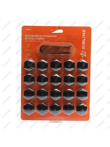 Колпачок для колесных болтов и гаек под ключ 21мм пластик глянцевые черные 20шт.со съемником AIRLINE AIRLINE awbn-06