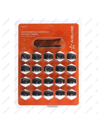 Колпачок для колесных болтов и гаек под ключ 21мм пластик глянцевые хром 20шт. со съемником AIRLINE AIRLINE awbn-09