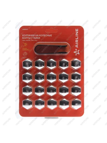 Колпачок для колесных болтов и гаек под ключ 17мм пластик глянцевые хром 20шт. со съемником AIRLINE AIRLINE awbn-07
