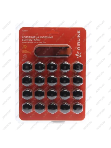 Колпачок для колесных болтов и гаек под ключ 17мм пластик глянцевые черные 20шт.со съемником AIRLINE AIRLINE awbn-04