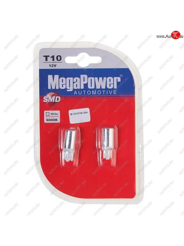 Лампа светодиодная 12V W5W T10 W2.1x9.5d 6000K блистер (2шт.) MEGAPOWER MEGAPOWER-AUTOMOTIVE 10101w-2бл