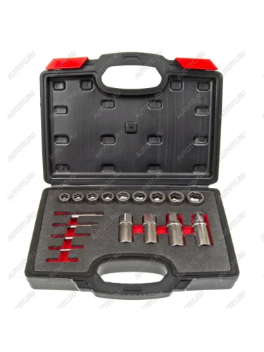 Набор приспособлений для откручивания заломанных болтов, гаек и шпилек 18 предметов в кейсе ЭВРИКА ЭВРИКА er-86738