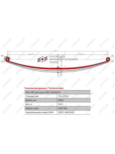 Лист рессоры КАМАЗ-3297 передней №1 L=1662мм ЧМЗ ЧМЗ 3297-2902015