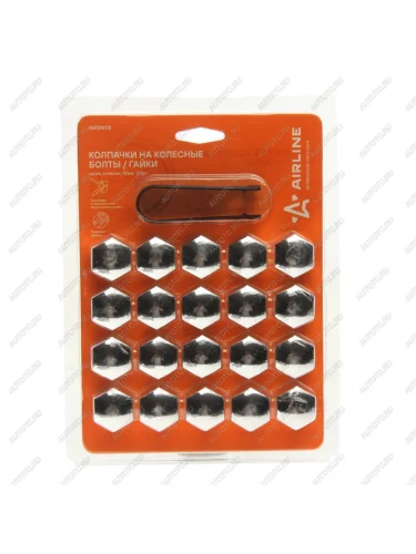 Колпачок для колесных болтов и гаек под ключ 19мм пластик глянцевые хром 20шт. со съемником AIRLINE AIRLINE awbn-08