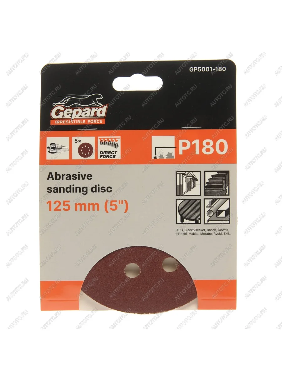 Бумага наждачная на липучке D125 P180 8 отверстий 5шт. GEPARD GEPARD gp5001-180  в Самаре Самарской области