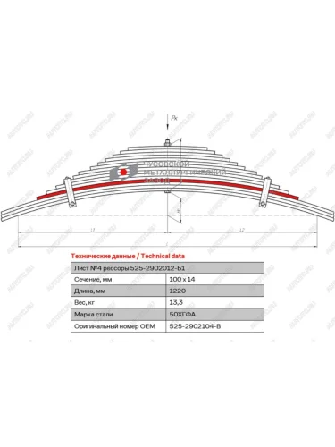 Лист рессоры КРАЗ-525,260,6510 передней №4 L=1220мм ЧМЗ ЧМЗ 525-2902104-в
