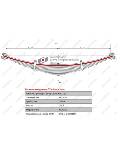 Лист рессоры КРАЗ-255 передней №2 без чашки L=1468мм ЧМЗ ЧМЗ 255б-2902102