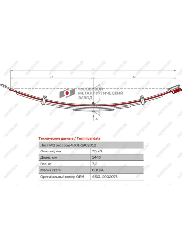 Лист рессоры ГАЗ-4301 передней №2 L=1443мм ЧМЗ ЧМЗ 4301-2902076