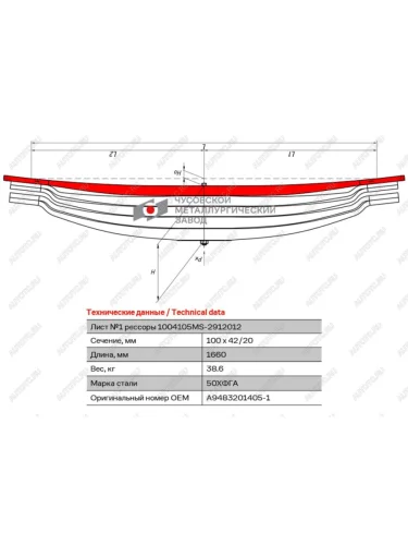 Лист рессоры MERCEDES Actros 3331-3360,4140-4151 задней №1 (5 листов) L=1660мм ЧМЗ ЧМЗ 1004105ms-2912101