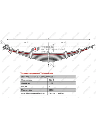 Лист рессоры ЗИЛ-131 передней №3 L=1258мм ЧМЗ ЧМЗ 131-2902103-01