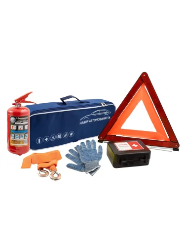Автомобильный набор Plus, без логотипа (сумка синяя, аптечка, огнетушитель, знак, перчатки, трос 5 т) Arbori afek.blue.plus.n4