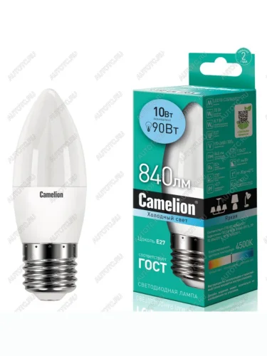 Лампа светодиодная E27 С35 10W (90W) 220V холодный Ultra CAMELION CAMELION led10-c35845e27