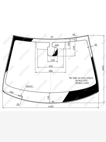 Стекло лобовое (датчик дождя, молдинг) XYG (зеленое) Peugeot 308  T9 (2013-2018) хэтчбек 5 дв. дорестайлинг