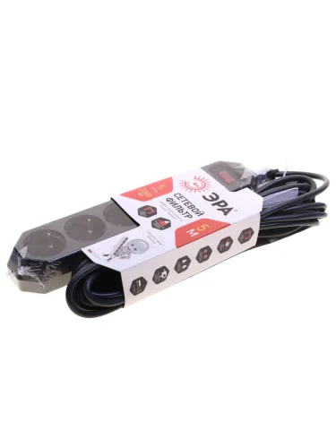 Фильтр сетевой 5м 10А 2200Вт 5 гнезд с заземлением черный ЭРА ЭРА usf-5es-5m-b