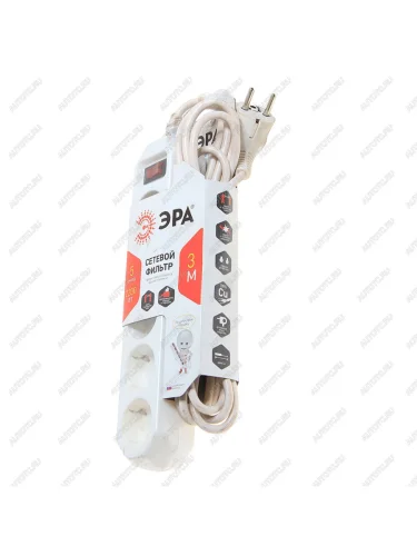 Фильтр сетевой 3м 10А 2200Вт, 5 гнезд, с заземлением, выключатель, евро белый ЭРА ЭРА usf-5es-3m-w