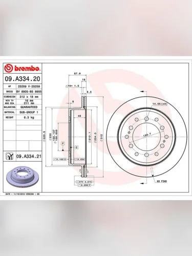 Диск тормозной (Сзади) Toyota Land Cruiser Prado (J120 J150) 02-20  Lexus GX 09-19  Toyota 4Runner BREMBO 09.a334.21