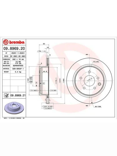 Диск тормозной (Сзади) Nissan Juke 10-20  Leaf 09-22  Primera 01-08  Qashqai 06-22  Infiniti G35 BREMBO 09.8969.20