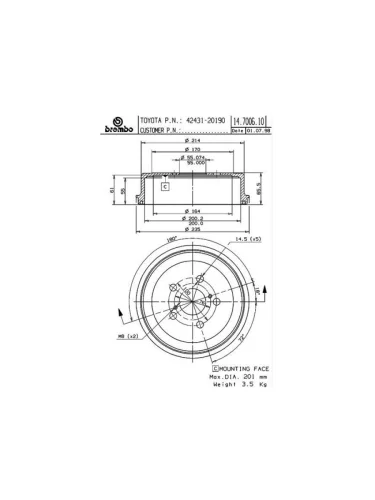 Барабан тормозной зад TOYOTA CORONAPREMIO 2WDCARINA E AT1921 ST190191210 ST200201 BREMBO 14.7006.10