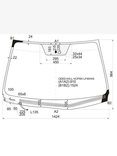 Стекло лобовое (Обогрев щеток Датчик дождя 3D HBK) Kia ProCeed 06-12
