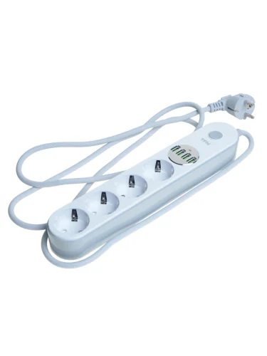 Фильтр сетевой 2м 10А 2500Вт 3 гнезда + 4 USB с заземлением белый TFN