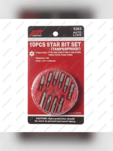 Набор бит 14" TORX T7H-T40H с отверстием 10 предметов в кейсе JTC