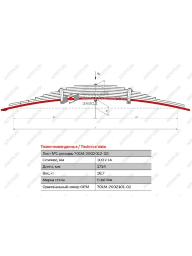 Лист рессоры К-701М передней №1 прицепа L=1714мм ЧМЗ